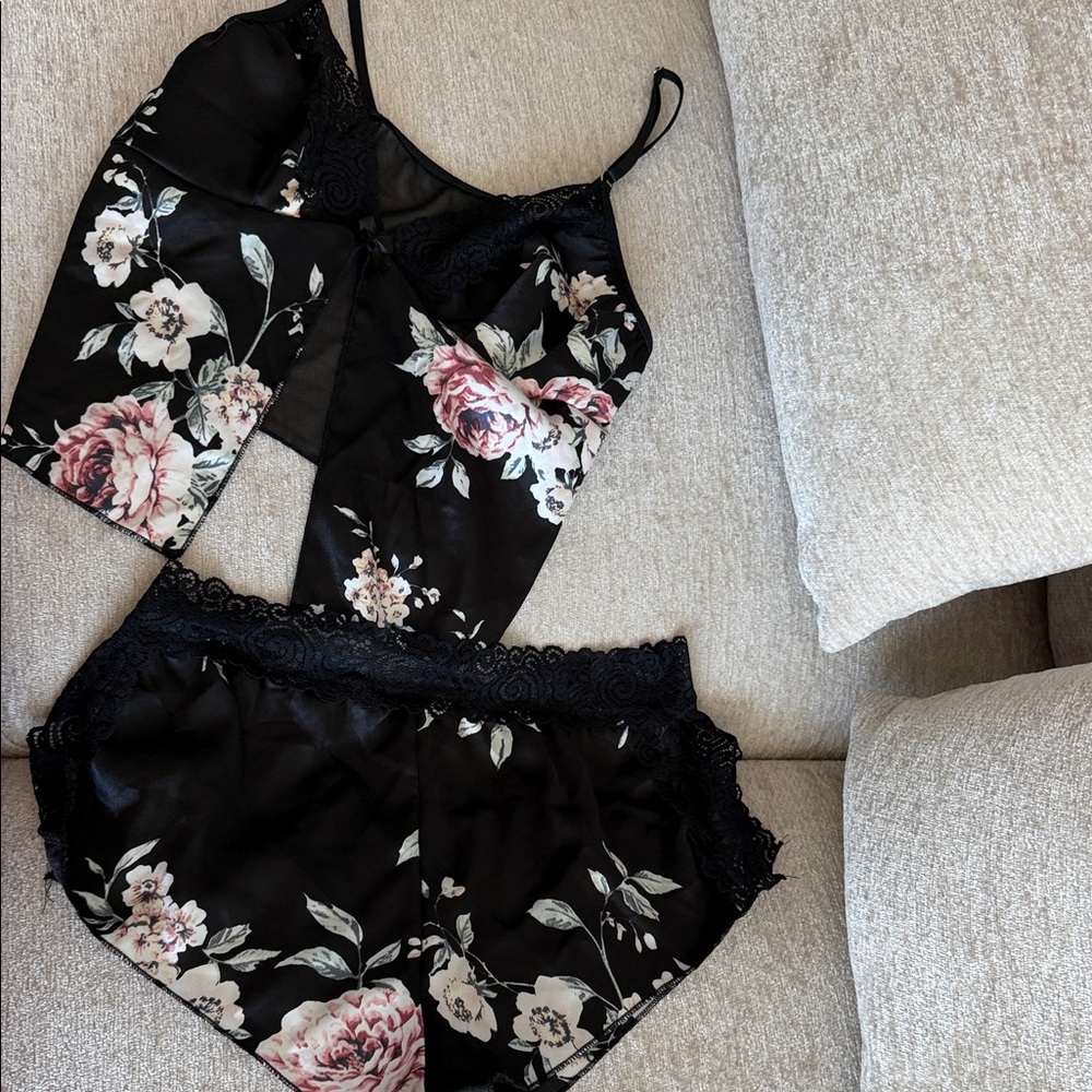 Black Floral Satin Pajama Set